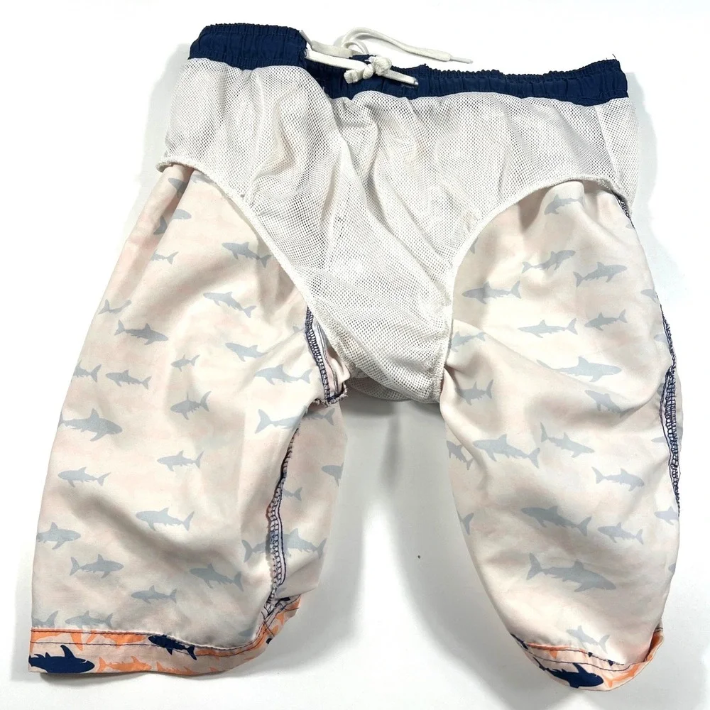 Big Chill Boys Shark Print Swim Trunks Peach Navy XL 14-16 Beach Summer Vacation